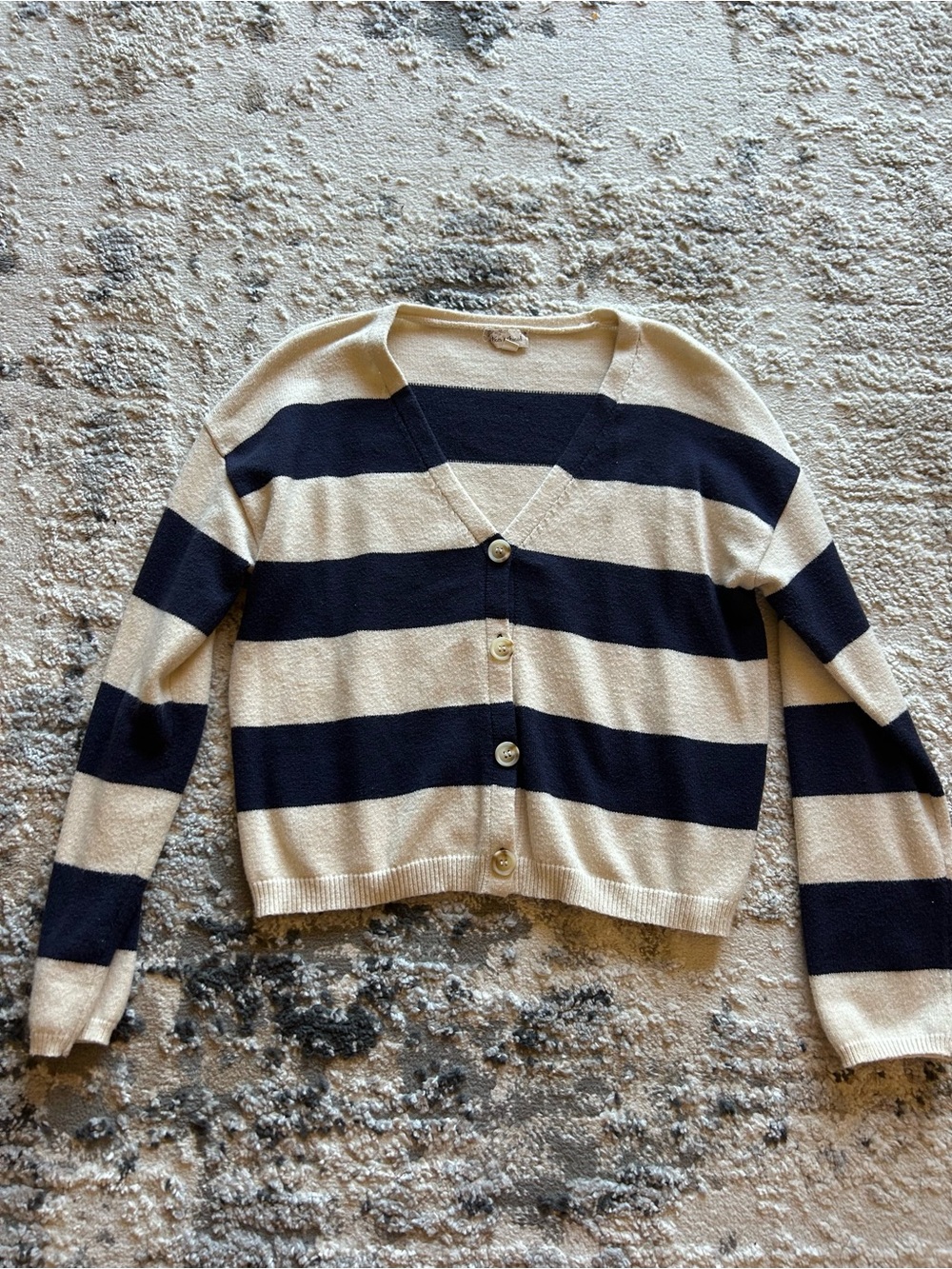 Hem & Thread Navy and Cream Wide-Stripe V-Neck Button Cardigan